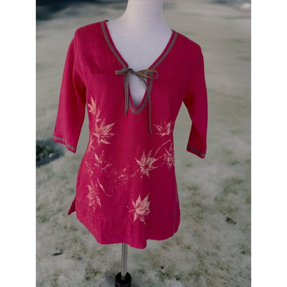 Abito Woman Top 100% Lino 3/4 sleeve V-Neck Coral Pink Size Small - Picture 1 of 9